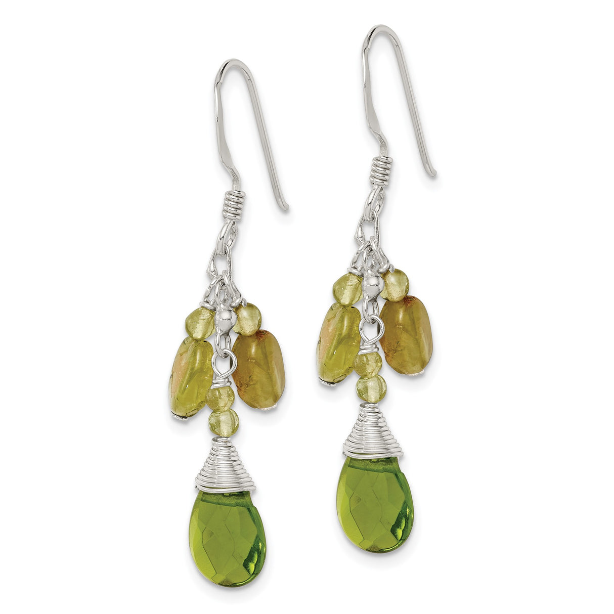 Sterling Silver Drop Earrings with Peridot and Green Crystal, Boho Wire Wrapped Dangles for Women