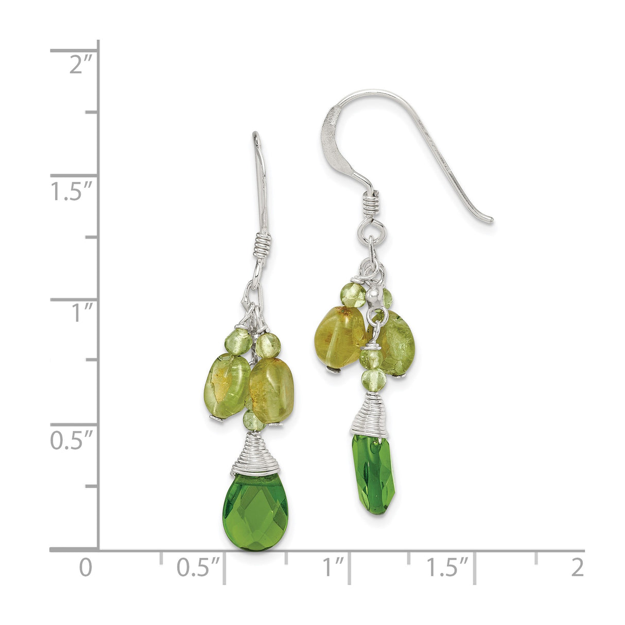 Sterling Silver Drop Earrings with Peridot and Green Crystal, Boho Wire Wrapped Dangles for Women