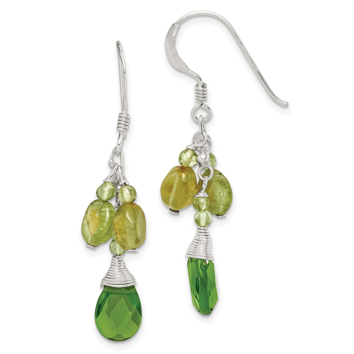 Sterling Silver Drop Earrings with Peridot and Green Crystal, Boho Wire Wrapped Dangles for Women