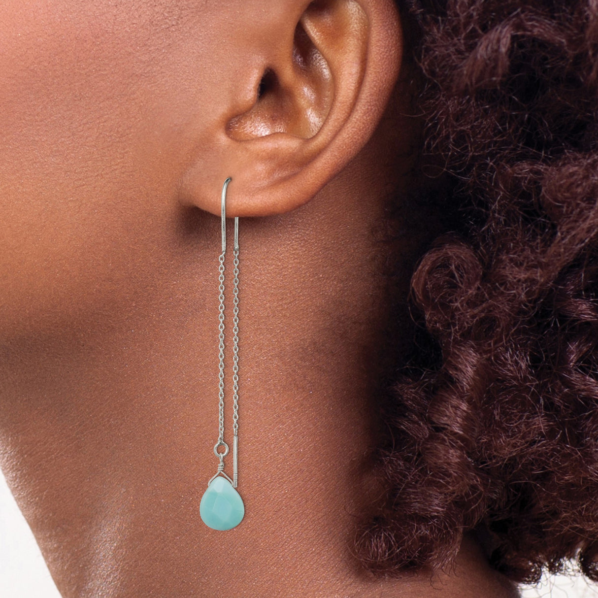 Sterling Silver Threader Earrings with Agate Teardrop, Minimalist Boho Dangle Design