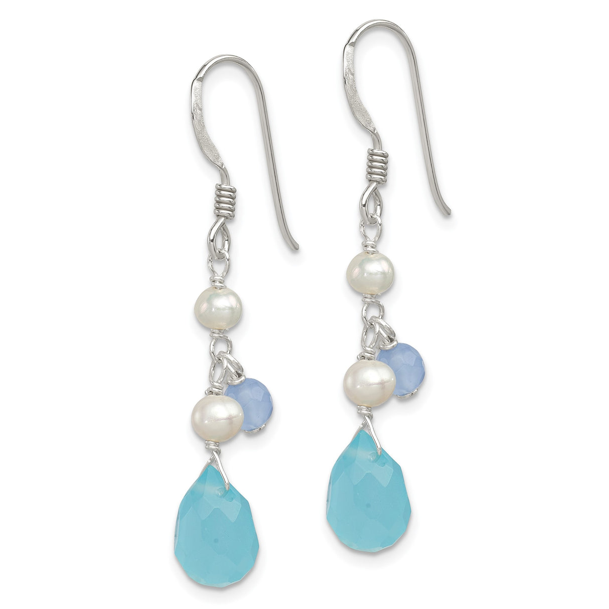 Sterling Silver Dangle Earrings with Swiss Blue Topaz and Freshwater Pearls, Beach Style Jewelry