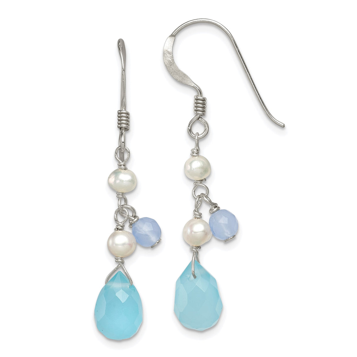 Sterling Silver Dangle Earrings with Swiss Blue Topaz and Freshwater Pearls, Beach Style Jewelry
