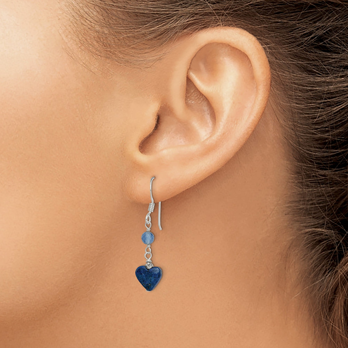 Sterling Silver Dangle Earrings with Agate and Lapis, Heart Design, Boho Artisan Style