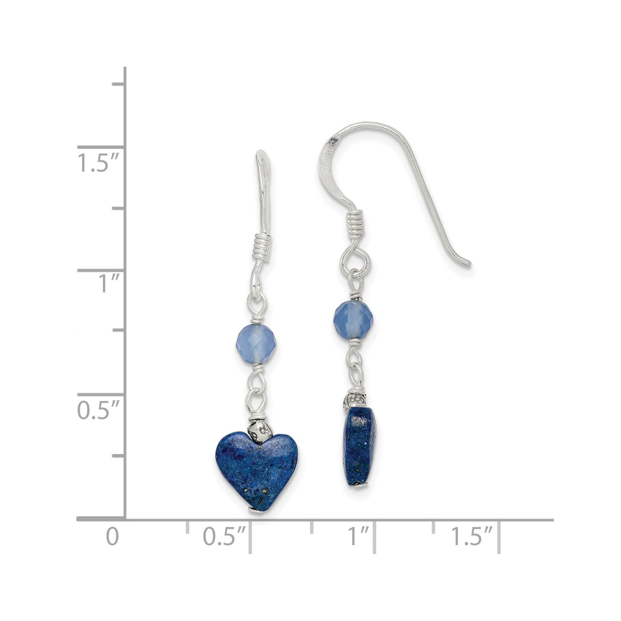 Sterling Silver Dangle Earrings with Agate and Lapis, Heart Design, Boho Artisan Style