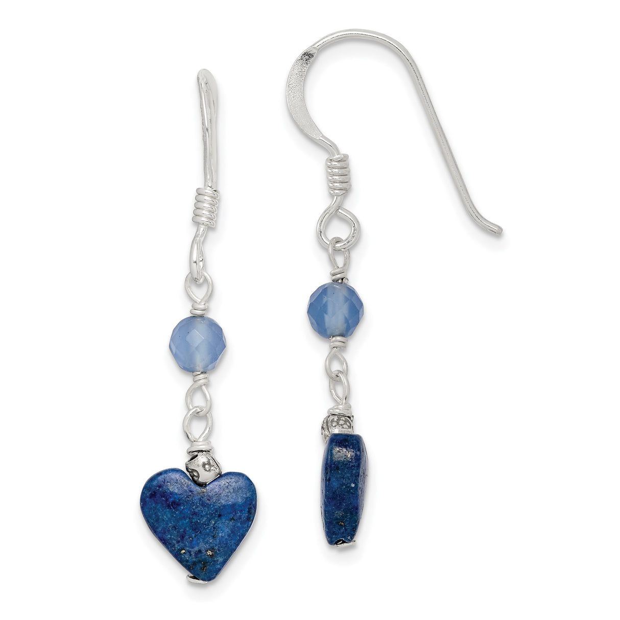 Sterling Silver Dangle Earrings with Agate and Lapis, Heart Design, Boho Artisan Style