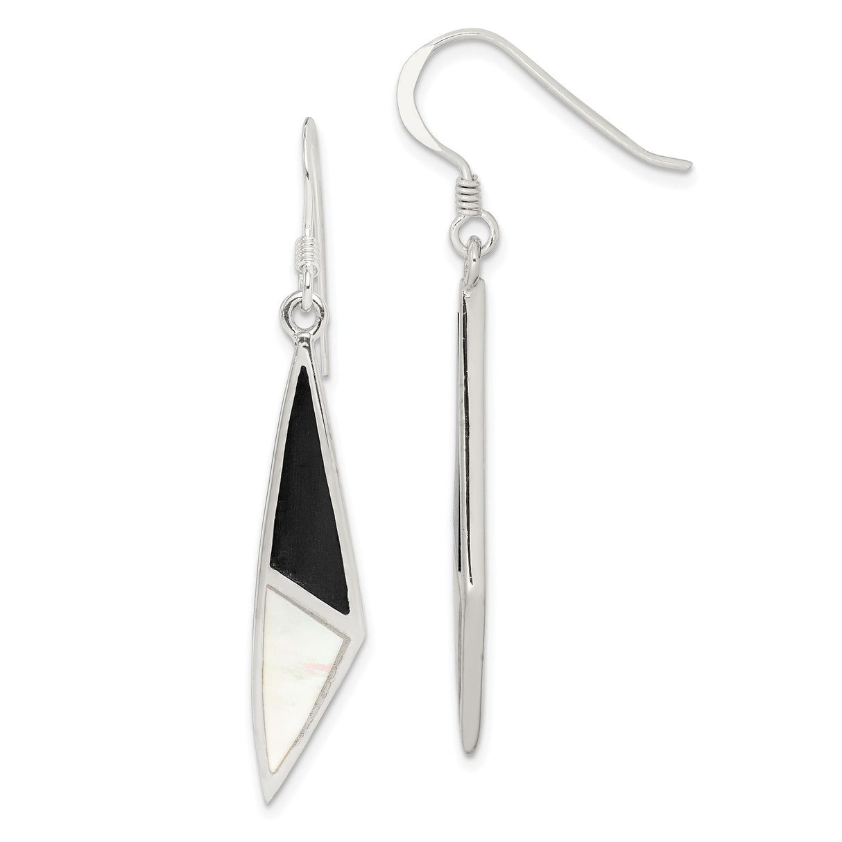 Sterling Silver Dangle Earrings with Mother of Pearl and Onyx Inlay, Geometric Modern Design