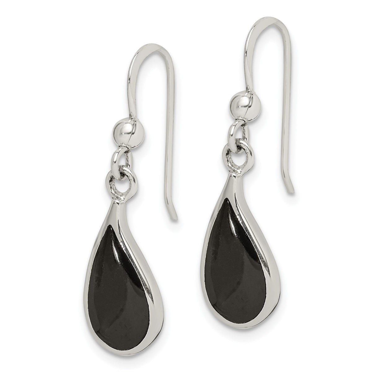 Sterling Silver Teardrop Dangle Earrings with Black Onyx Inlay, Minimalist Curved Design