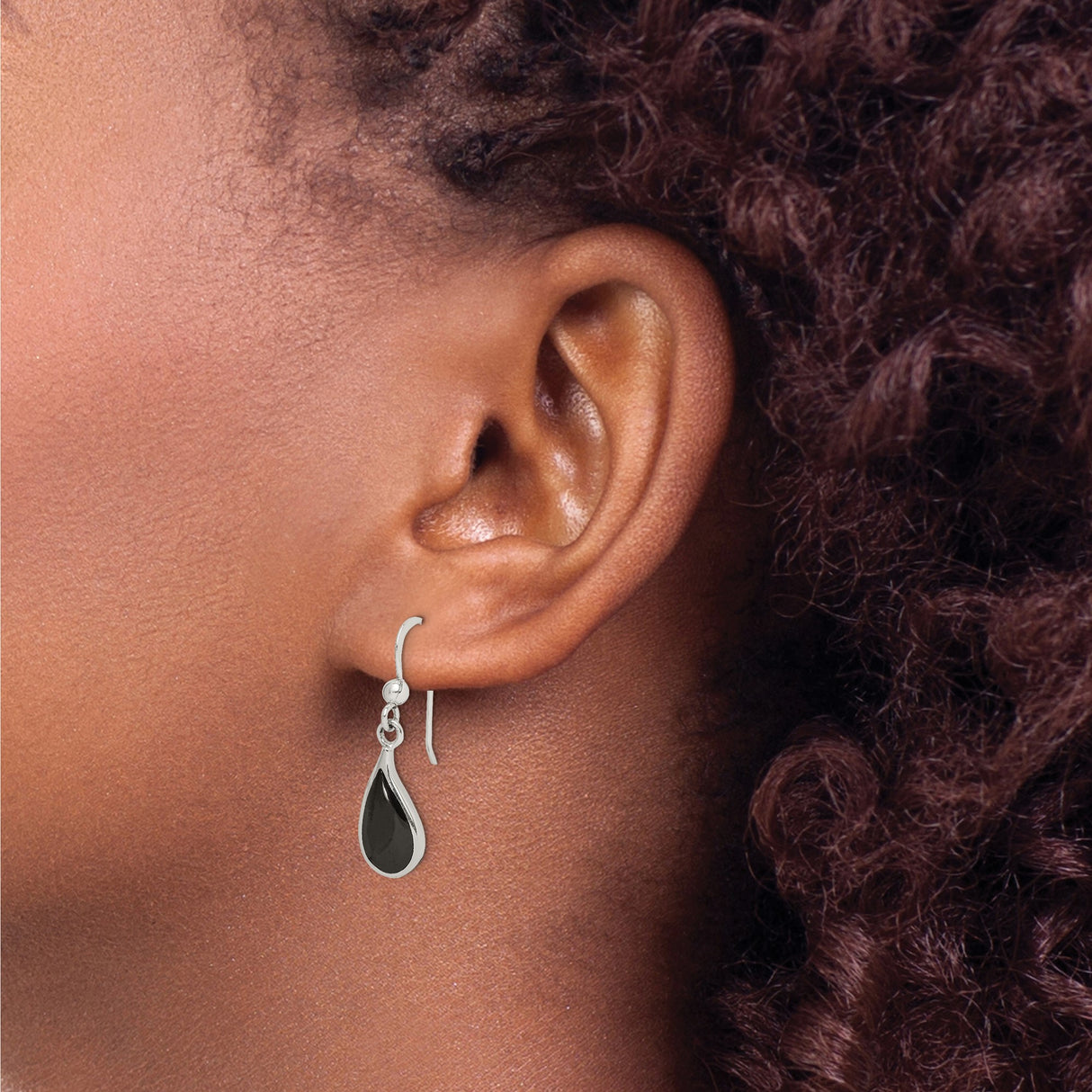 Sterling Silver Teardrop Dangle Earrings with Black Onyx Inlay, Minimalist Curved Design