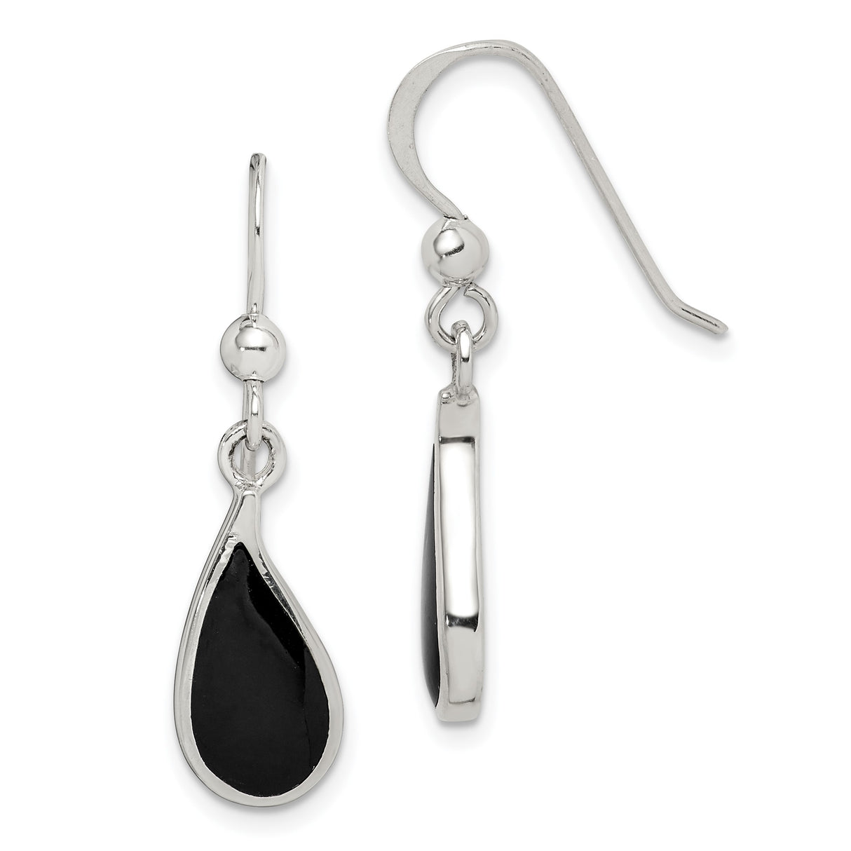 Sterling Silver Teardrop Dangle Earrings with Black Onyx Inlay, Minimalist Curved Design