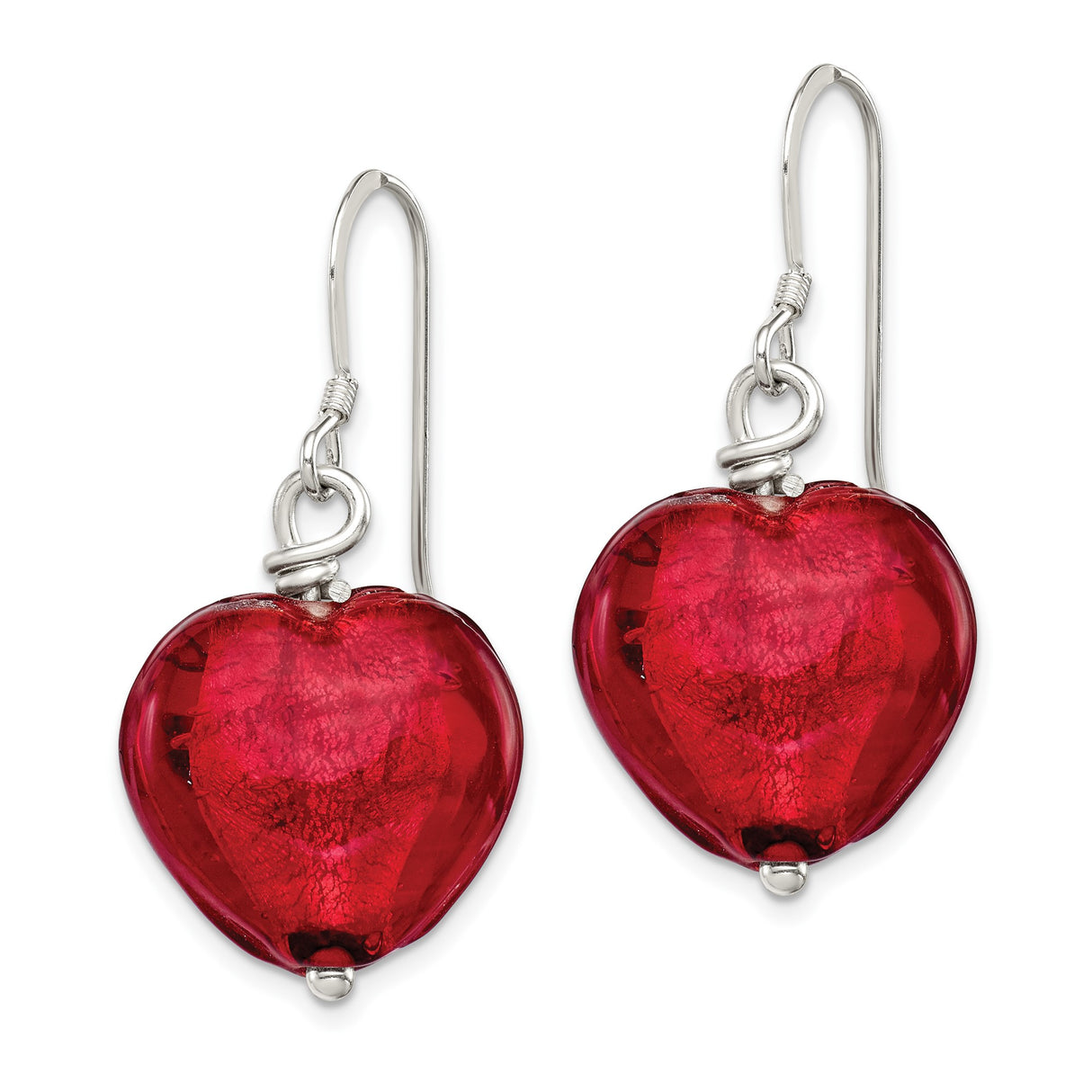 Sterling Silver Heart Dangle Earrings with Red Murano Glass, Romantic Drop Jewelry for Women