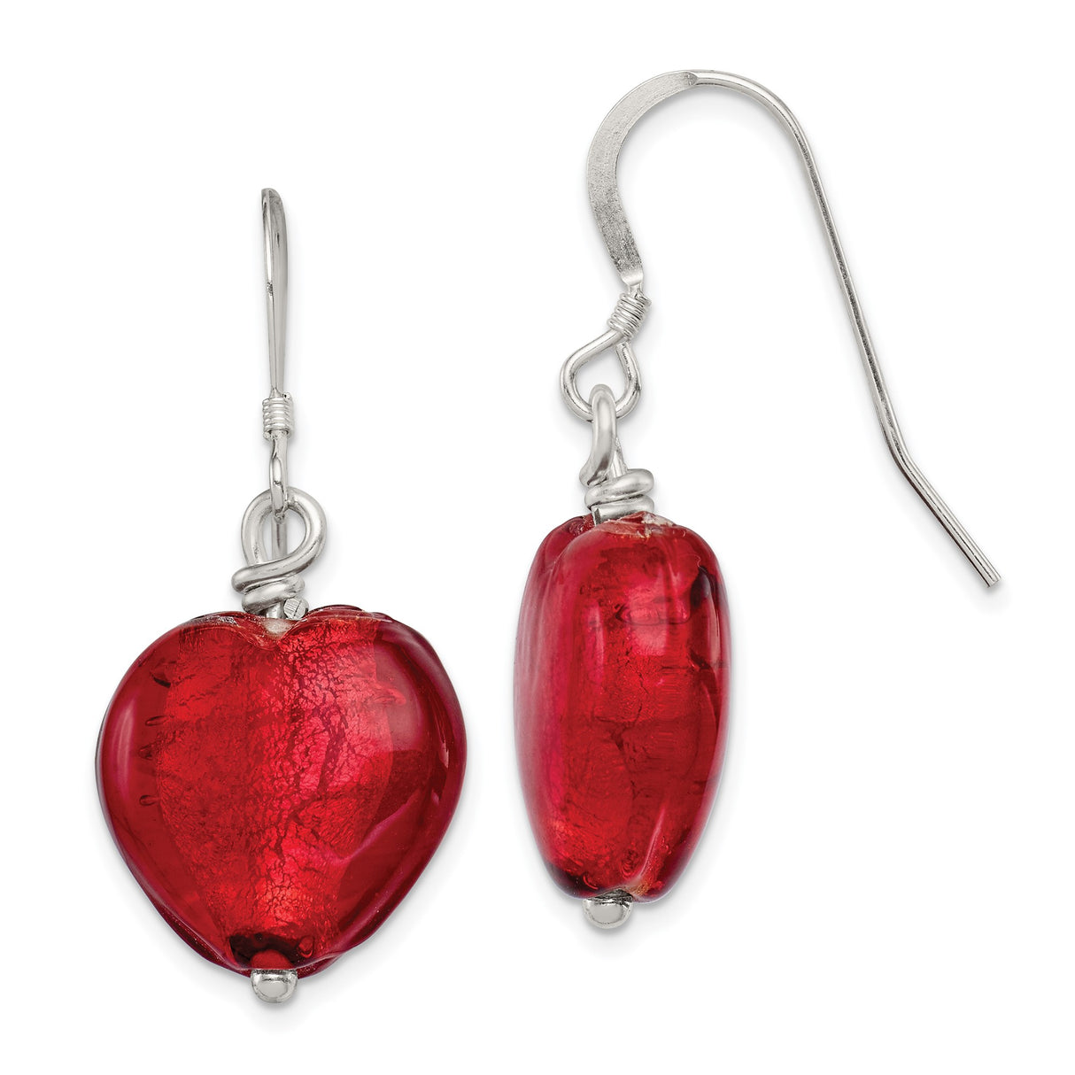 Sterling Silver Heart Dangle Earrings with Red Murano Glass, Romantic Drop Jewelry for Women