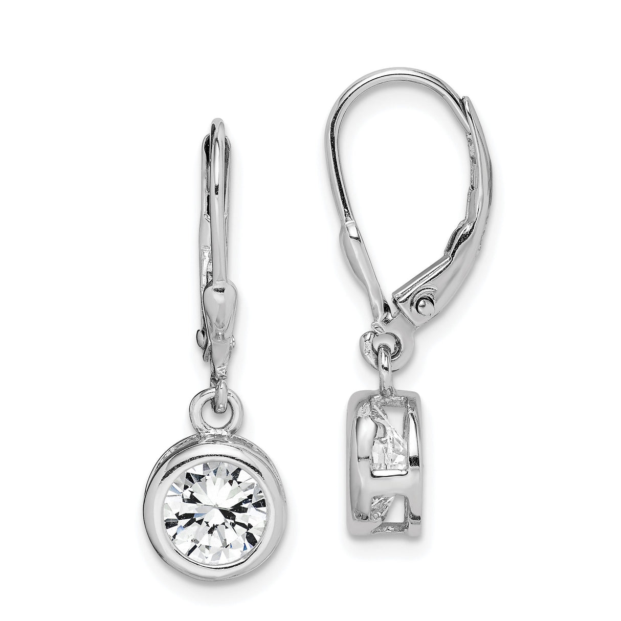 Sterling Silver Drop Earrings with 7mm Cubic Zirconia Bezel Set Stones, Leverback Dangle Design
