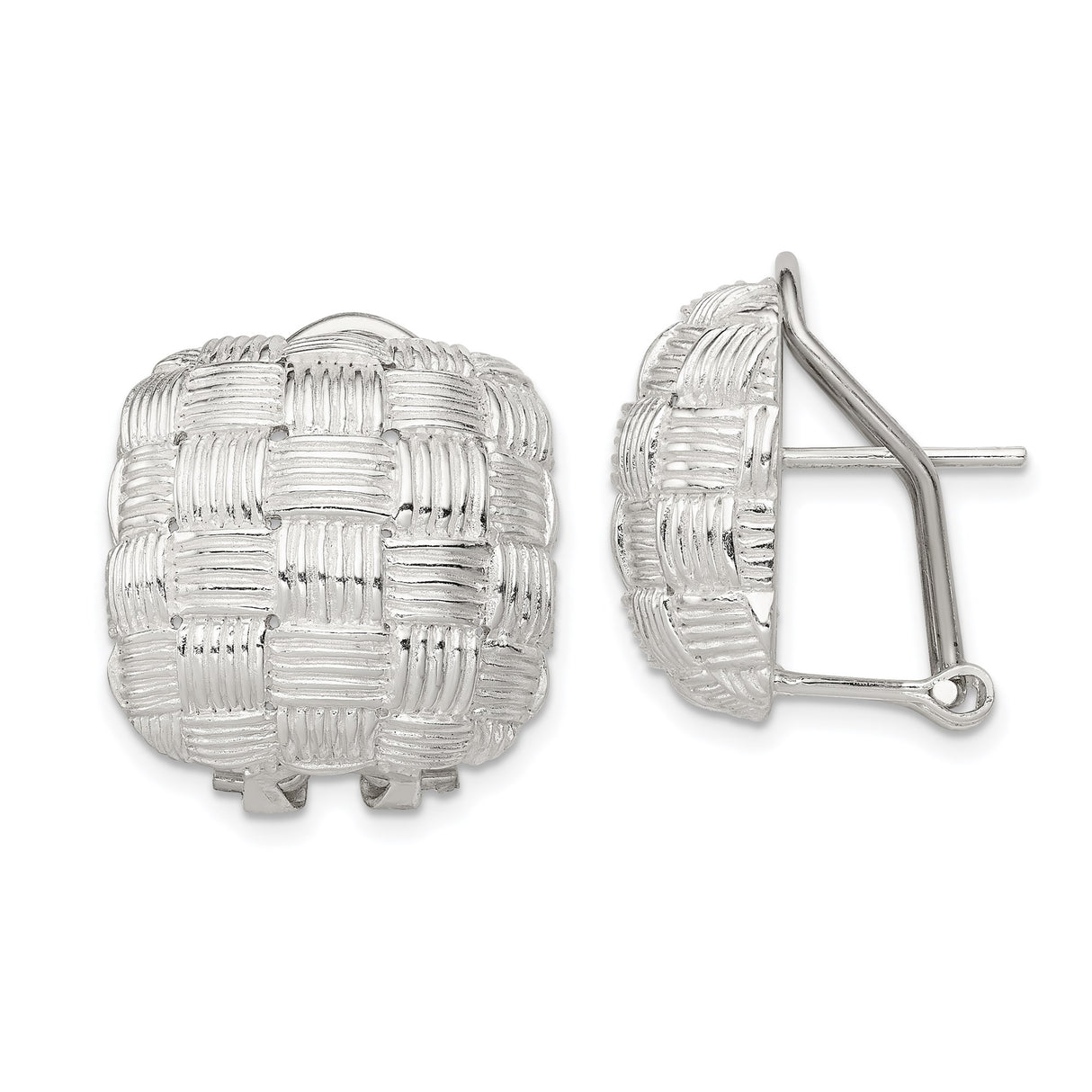 Sterling Silver Clip-On Earrings with Basketweave Texture, Vintage Style Omega Backs