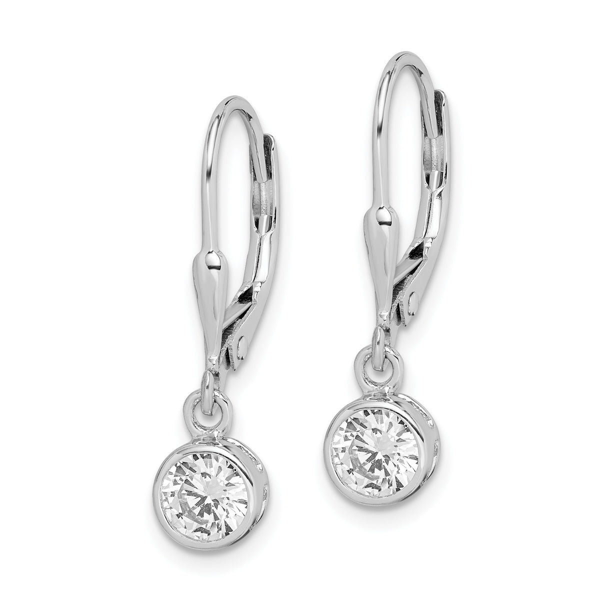 Sterling Silver Leverback Drop Earrings with Round Cut Cubic Zirconia Bezel Setting