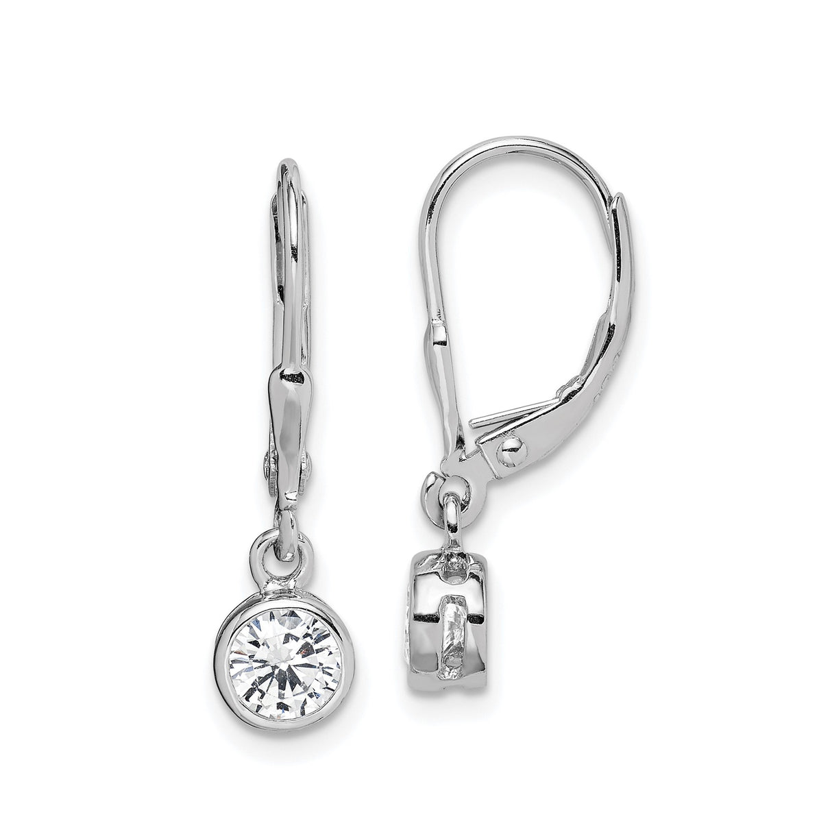 Sterling Silver Leverback Drop Earrings with Round Cut Cubic Zirconia Bezel Setting