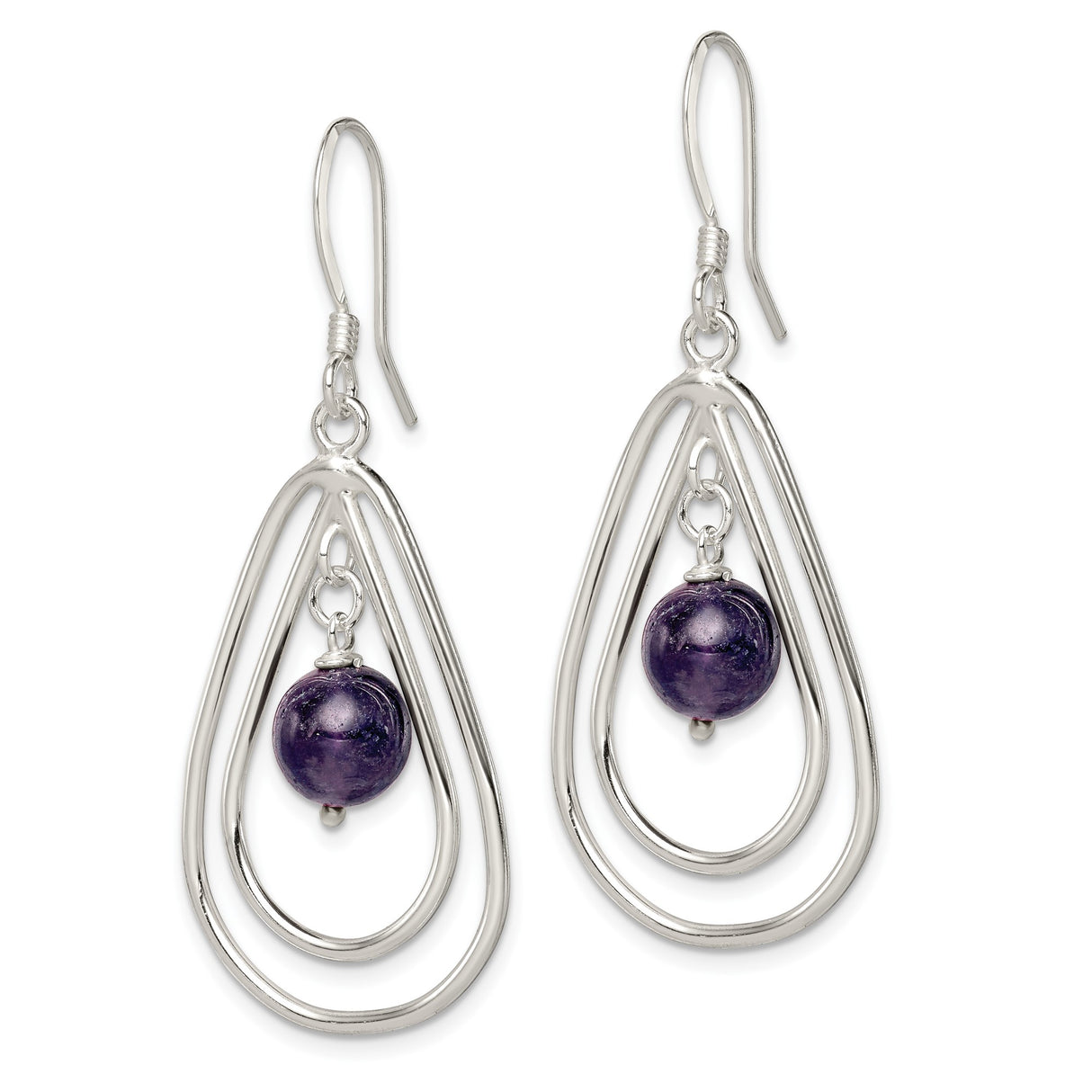 Sterling Silver Drop Earrings with Amethyst Bead, Double Teardrop Wire Design for Women