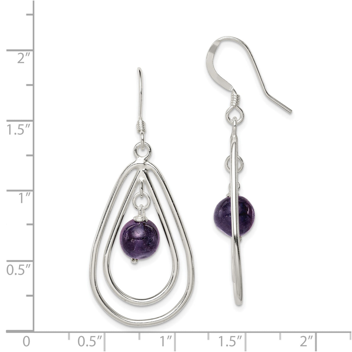 Sterling Silver Drop Earrings with Amethyst Bead, Double Teardrop Wire Design for Women