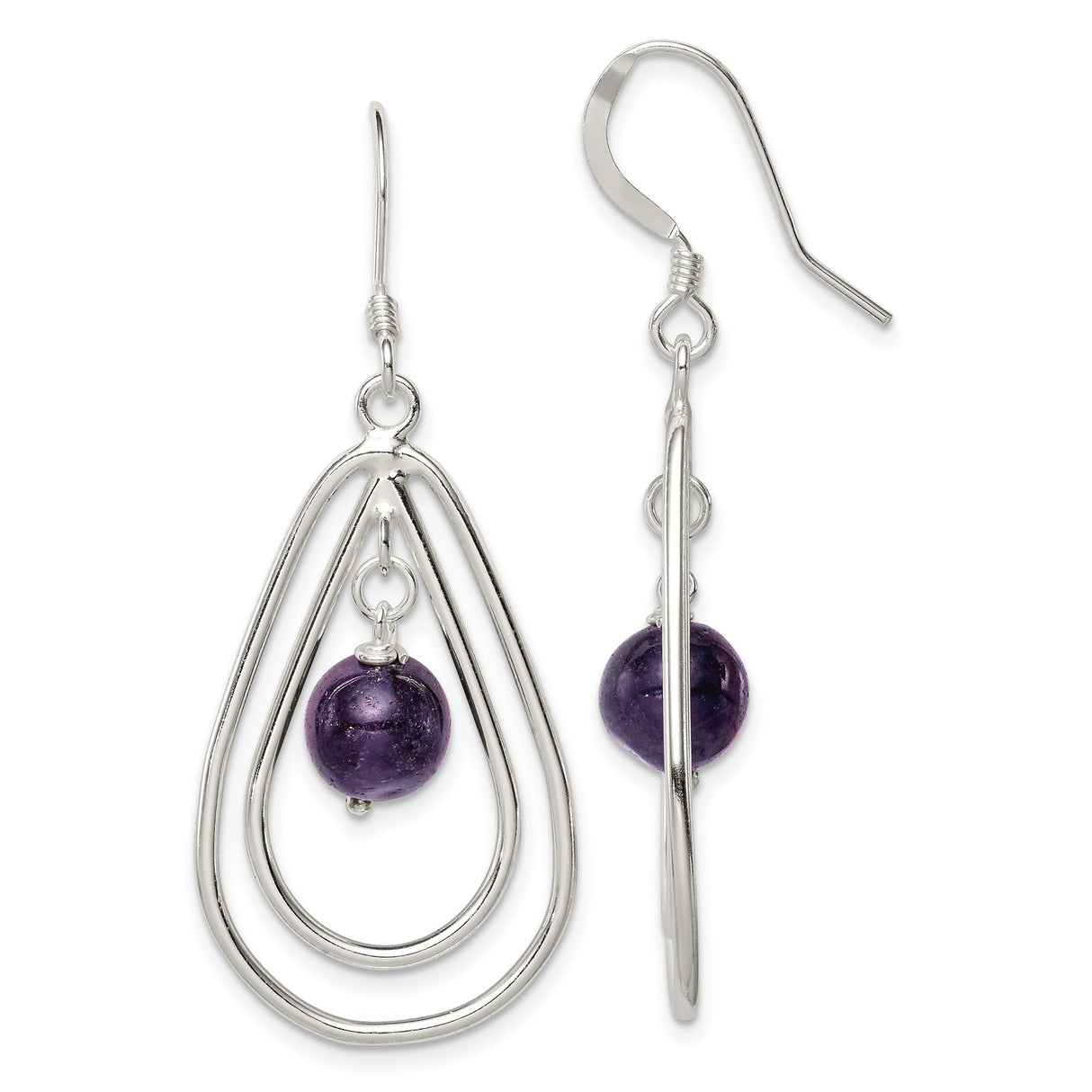Sterling Silver Drop Earrings with Amethyst Bead, Double Teardrop Wire Design for Women