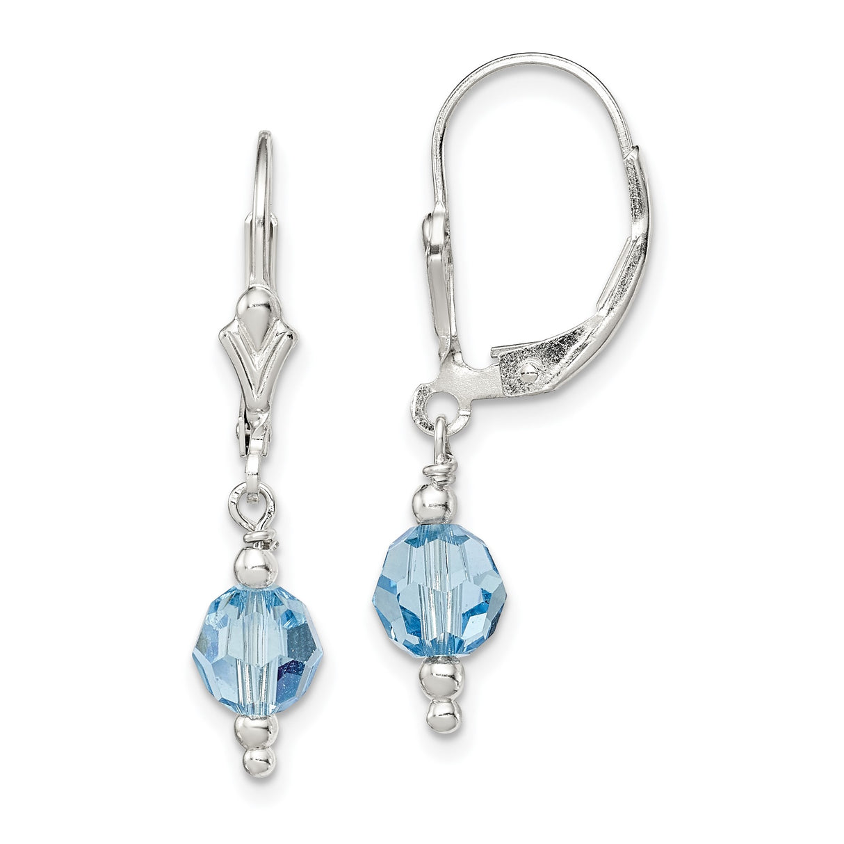 Sterling Silver Dangle Earrings with Light Blue Crystal Beads, Leverback, Minimalist Design for Women