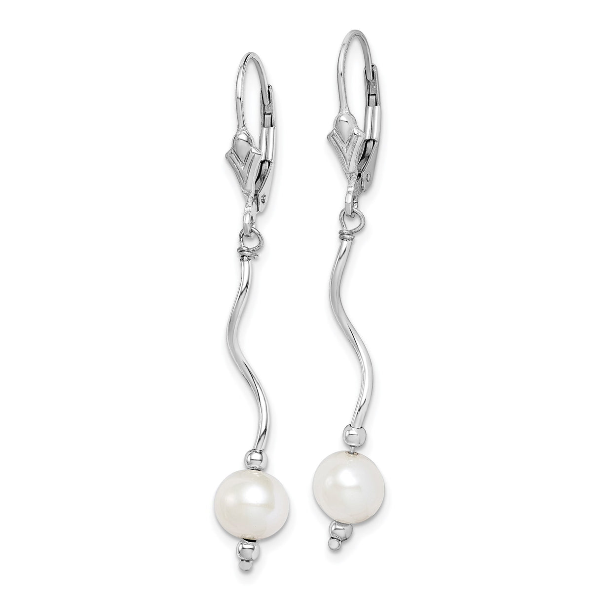 Sterling Silver Dangle Earrings with White Freshwater Pearls, Wave Drop Minimalist Style