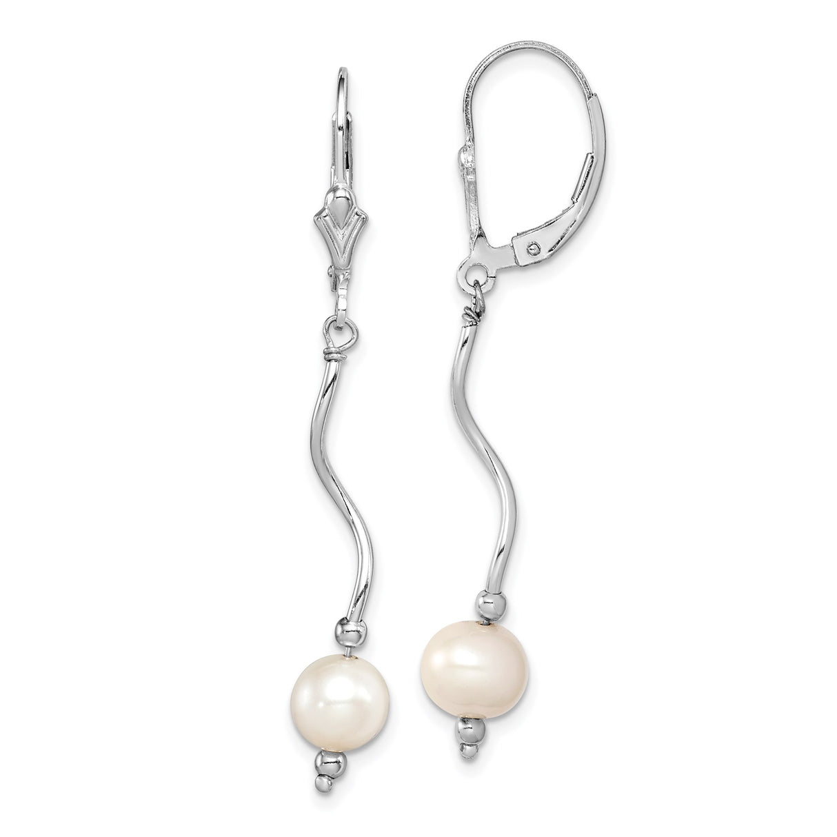 Sterling Silver Dangle Earrings with White Freshwater Pearls, Wave Drop Minimalist Style