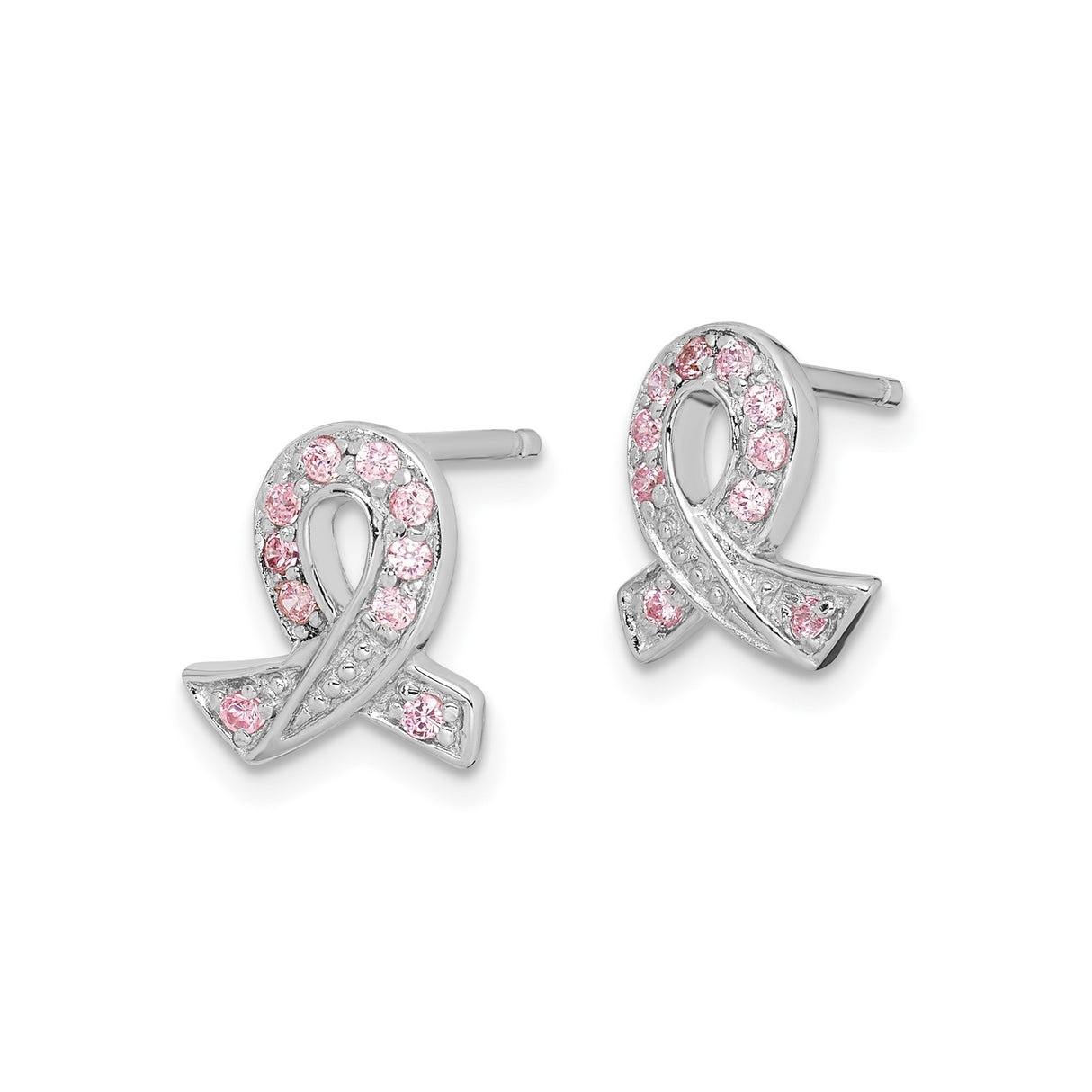Sterling Silver Stud Earrings with Cubic Zirconia, Pink Ribbon Breast Cancer Awareness Design