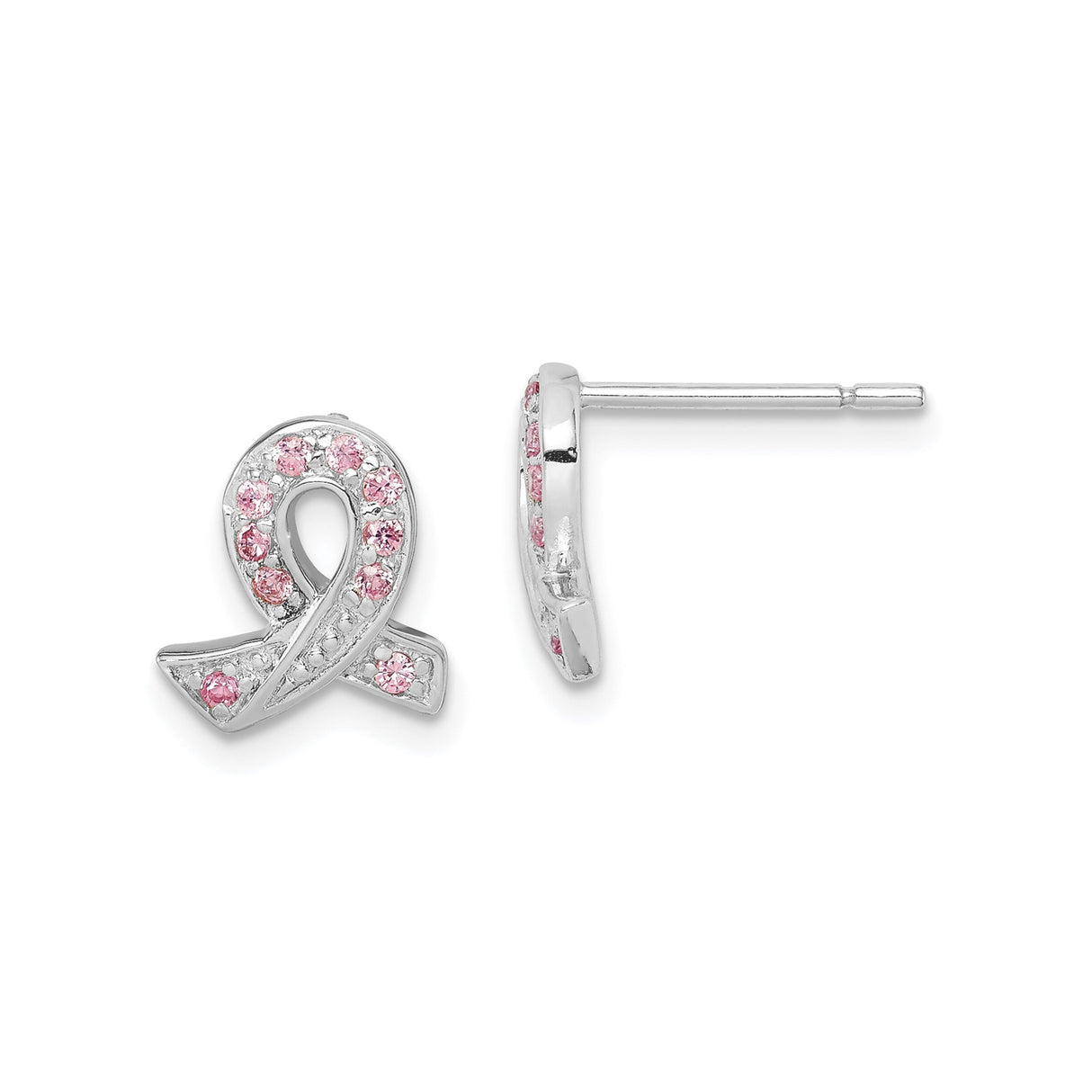 Sterling Silver Stud Earrings with Cubic Zirconia, Pink Ribbon Breast Cancer Awareness Design