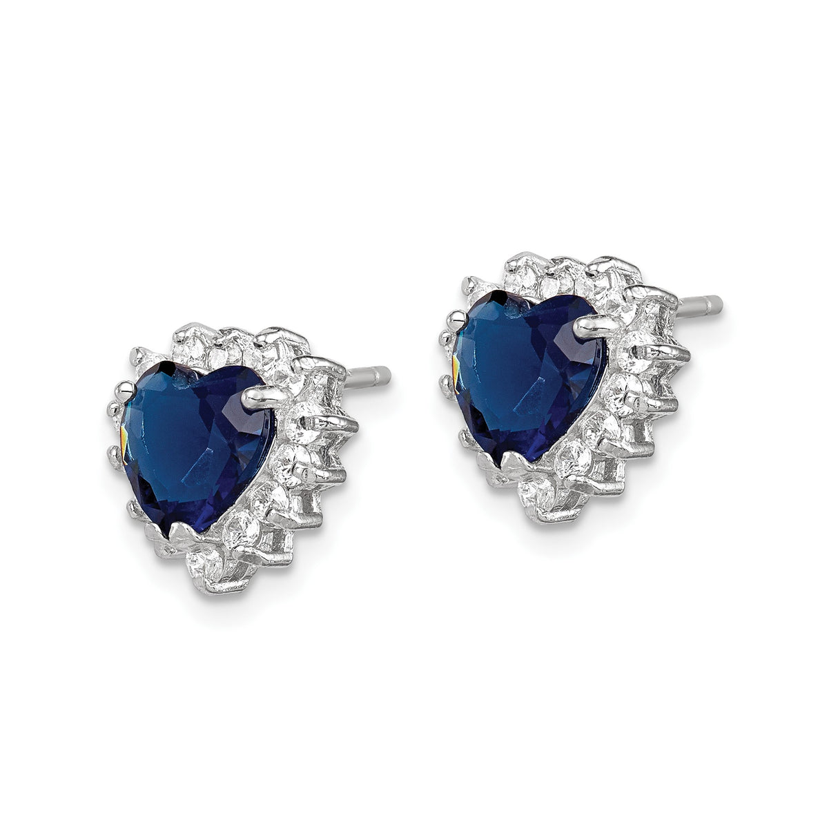 Sterling Silver Heart Stud Earrings with Deep Blue Cubic Zirconia and Clear Accents