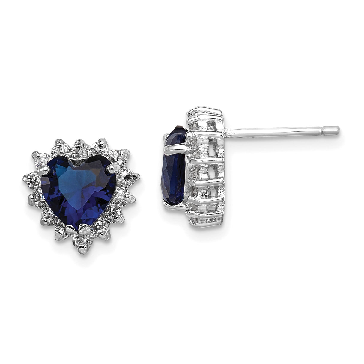 Sterling Silver Heart Stud Earrings with Deep Blue Cubic Zirconia and Clear Accents