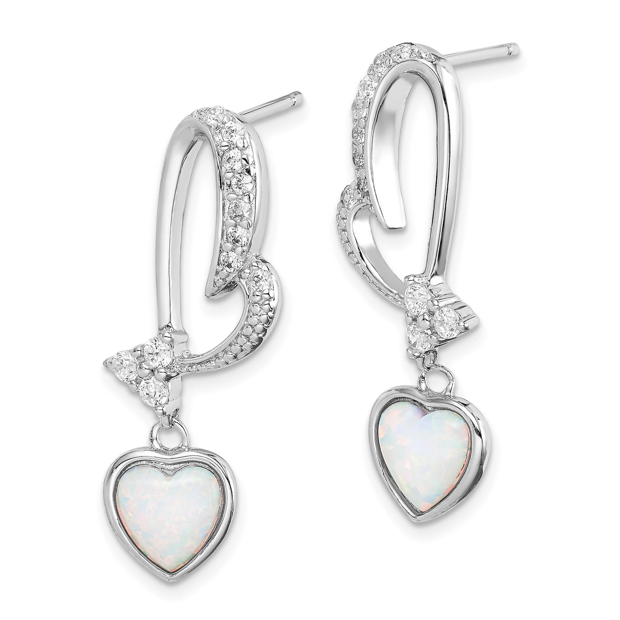 Sterling Silver Heart Drop Earrings with Cubic Zirconia and Lab-Created Opal Accents