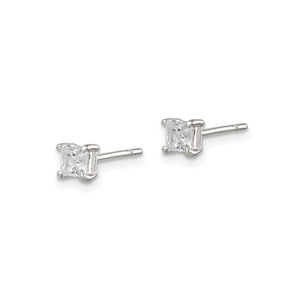 Sterling Silver Stud Earrings with Princess Cut Cubic Zirconia in Four-Prong Basket Setting