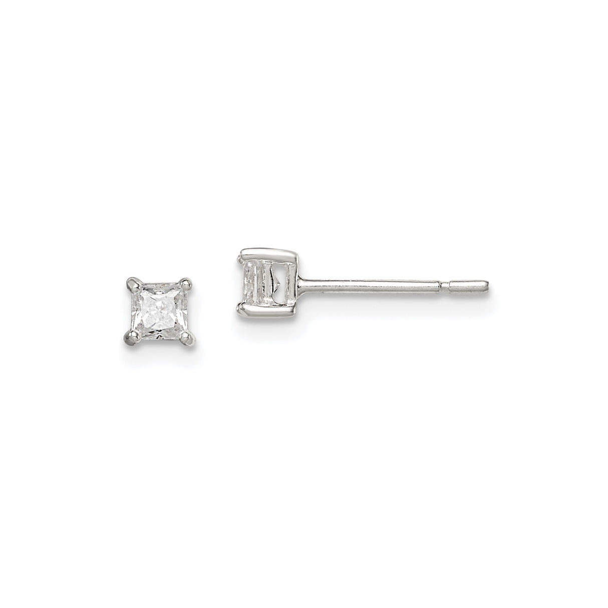 Sterling Silver Stud Earrings with Princess Cut Cubic Zirconia in Four-Prong Basket Setting