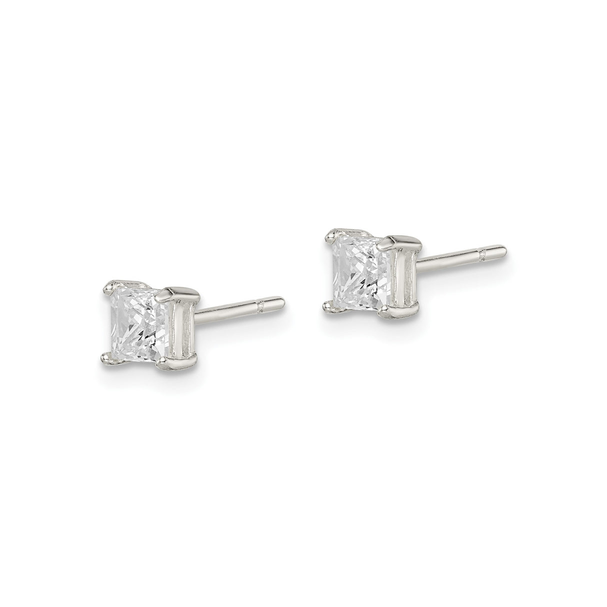Sterling Silver Stud Earrings with Square Cut Cubic Zirconia, Classic Basket Setting