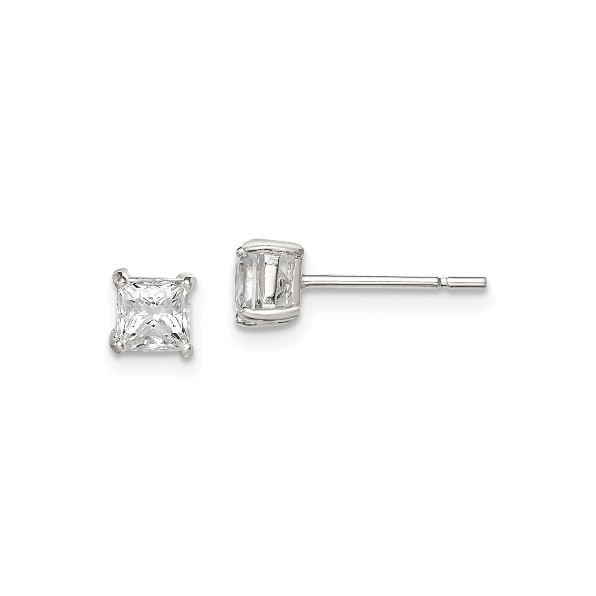 Sterling Silver Stud Earrings with Square Cut Cubic Zirconia, Classic Basket Setting