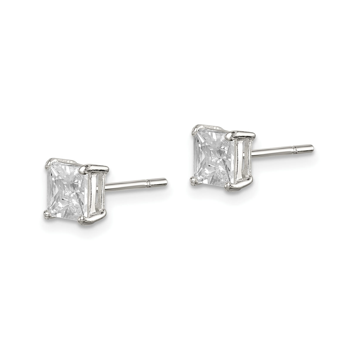 Sterling Silver Stud Earrings with Square Cut Cubic Zirconia in Four Prong Setting