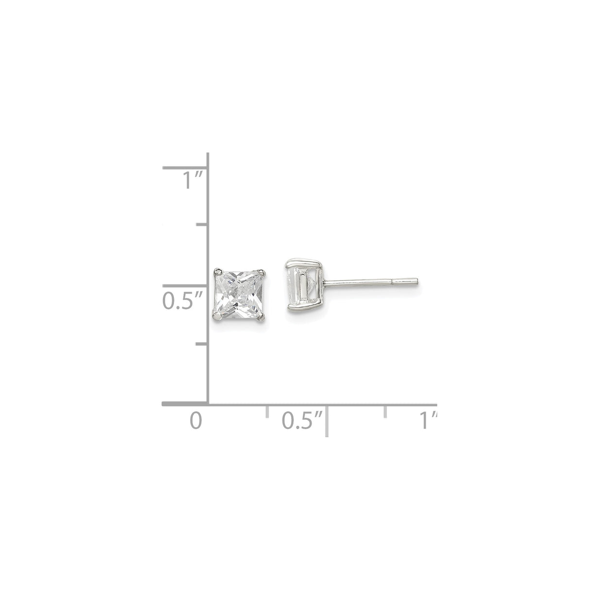Sterling Silver Stud Earrings with Square Cut Cubic Zirconia in Four Prong Setting