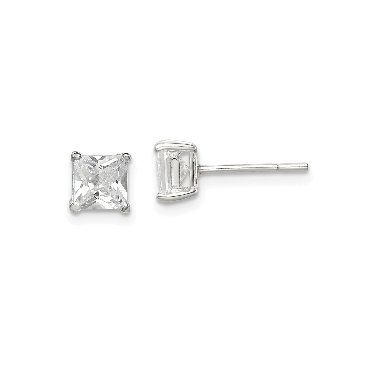 Sterling Silver Stud Earrings with Square Cut Cubic Zirconia in Four Prong Setting