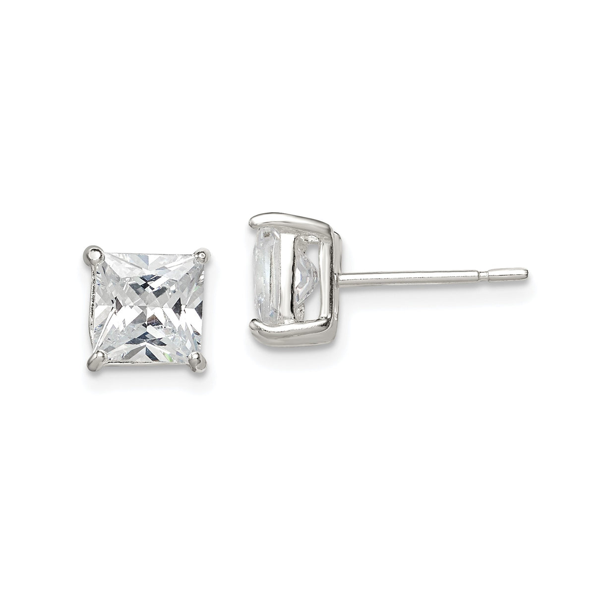 Sterling Silver Stud Earrings with Princess Cut Cubic Zirconia, Basket Setting, Minimalist Design
