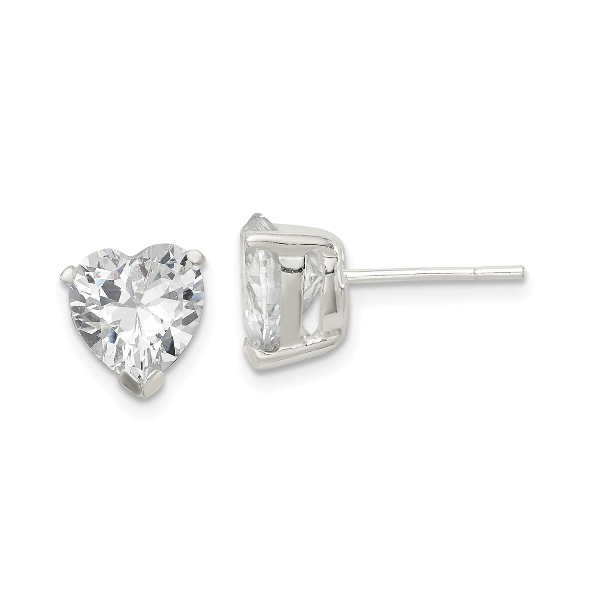 Sterling Silver Heart Stud Earrings with Clear Cubic Zirconia Basket Setting