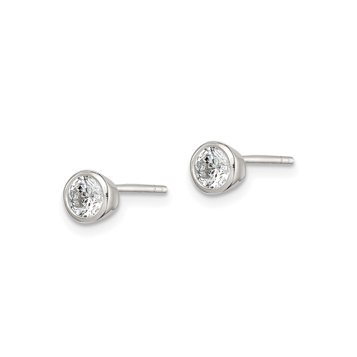 Sterling Silver Stud Earrings with Clear Cubic Zirconia in Bezel Setting, Minimalist Round Cut Design