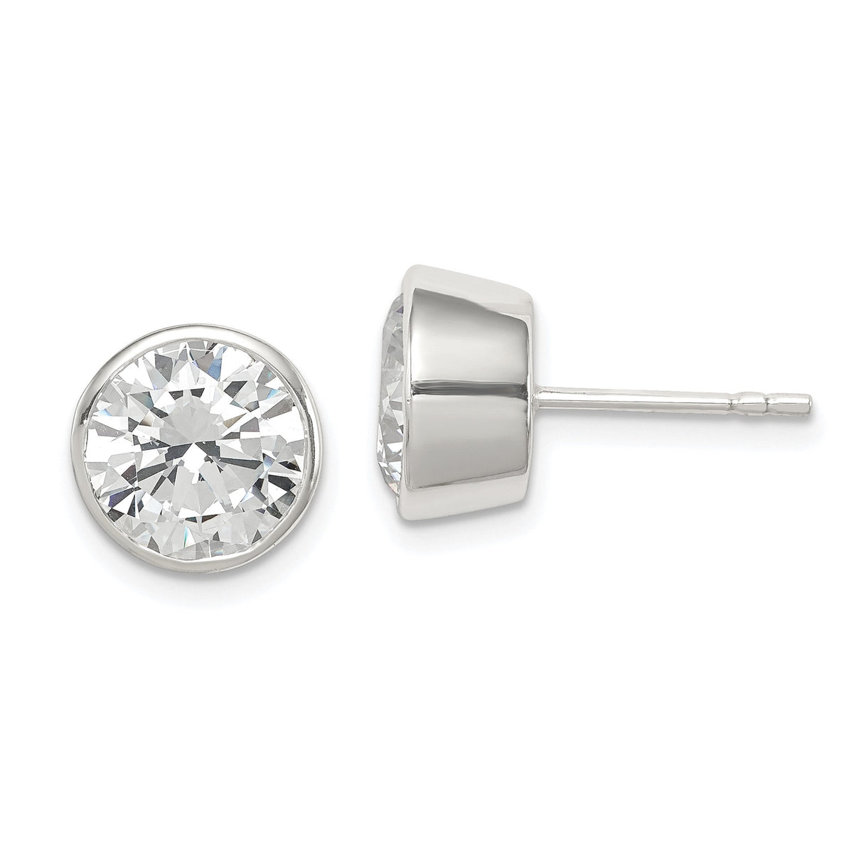 Sterling Silver Stud Earrings with Round Bezel Set Cubic Zirconia, Minimalist Design