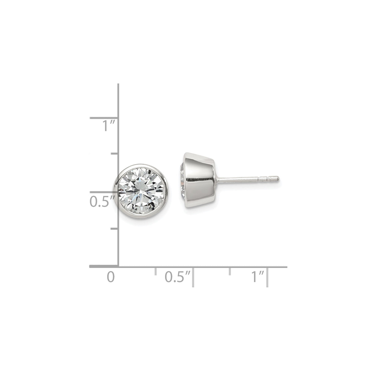 Sterling Silver Stud Earrings with 8mm Round Cubic Zirconia, Bezel Set Minimal Design