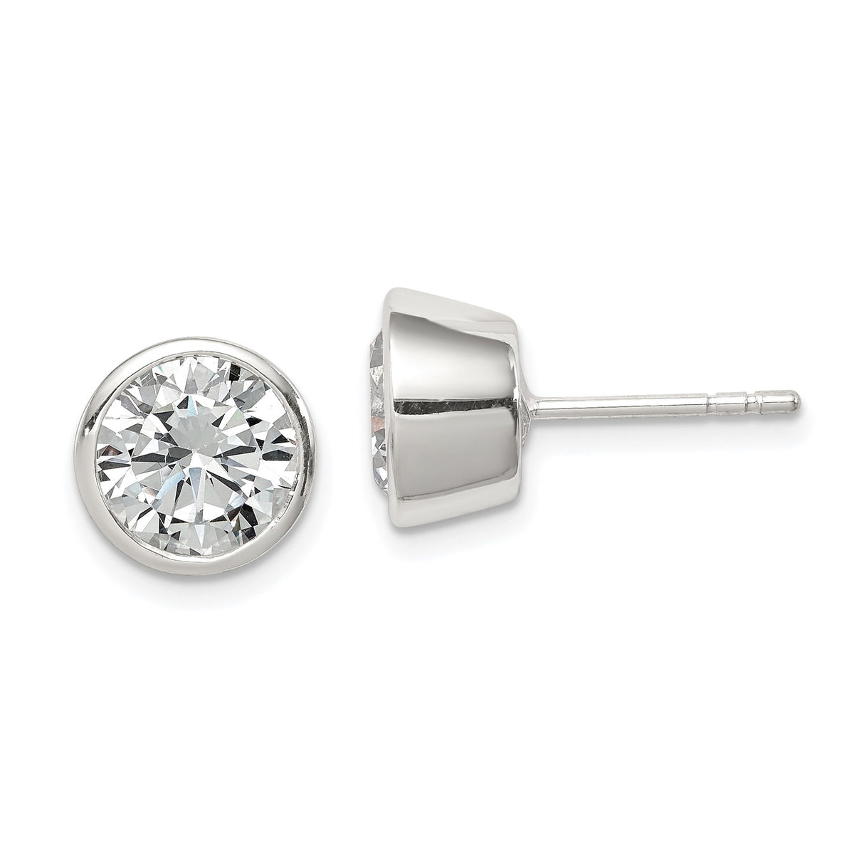 Sterling Silver Stud Earrings with 8mm Round Cubic Zirconia, Bezel Set Minimal Design