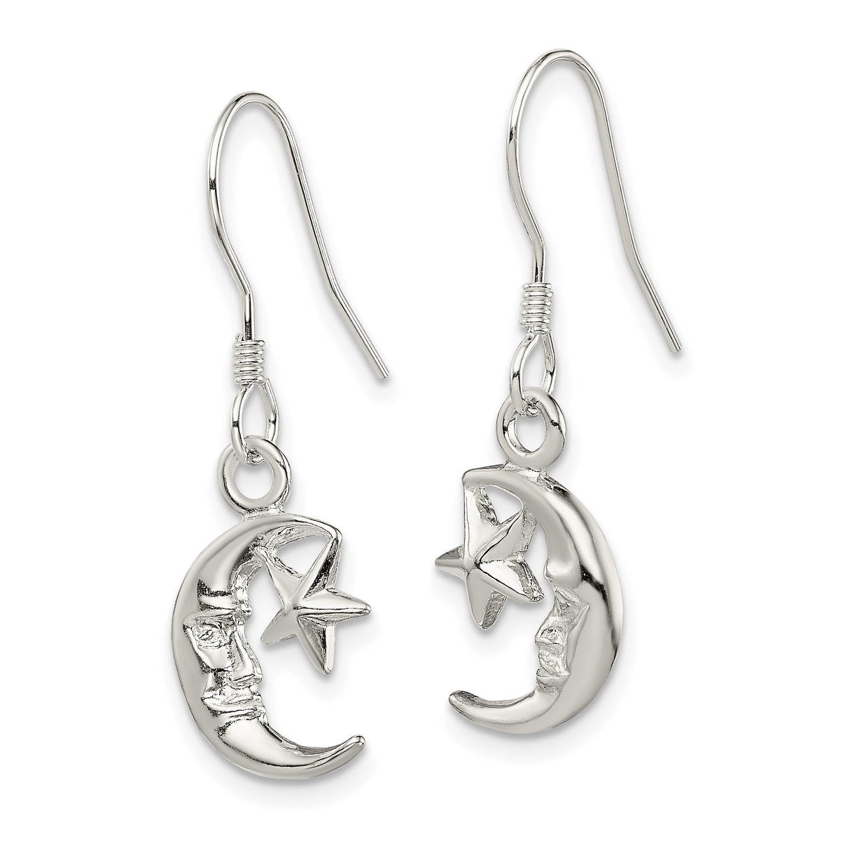 Sterling Silver Crescent Moon Face Dangle Earrings, Celestial Star Boho Jewelry for Women