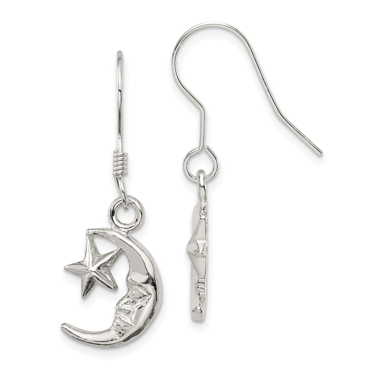 Sterling Silver Crescent Moon Face Dangle Earrings, Celestial Star Boho Jewelry for Women