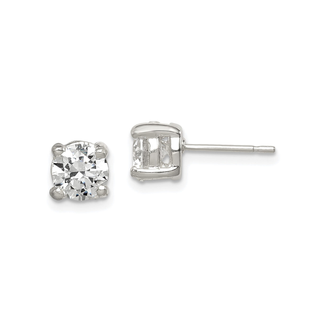 Sterling Silver Stud Earrings with Round Cubic Zirconia, Classic Solitaire Style