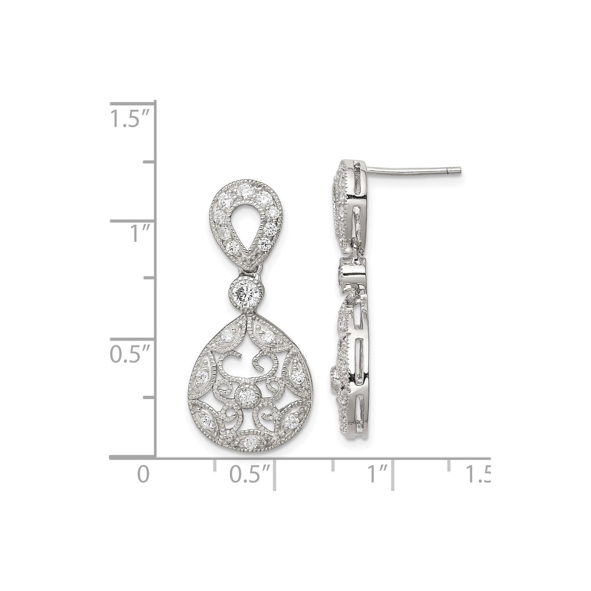 Sterling Silver Dangle Earrings with Cubic Zirconia, Teardrop Filigree, Vintage Style Bridal Jewelry
