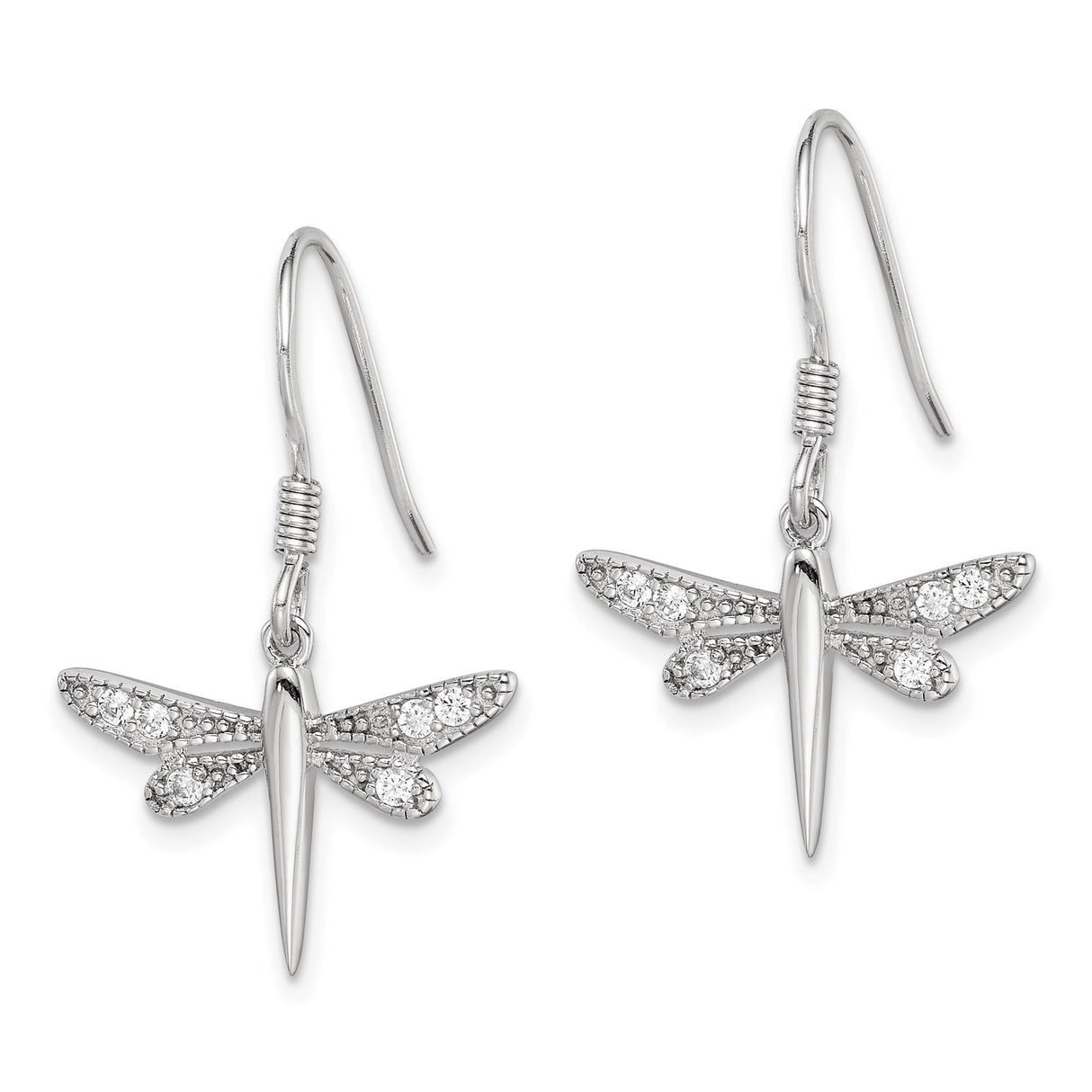 Sterling Silver Dragonfly Dangle Earrings with Cubic Zirconia and Textured Wings