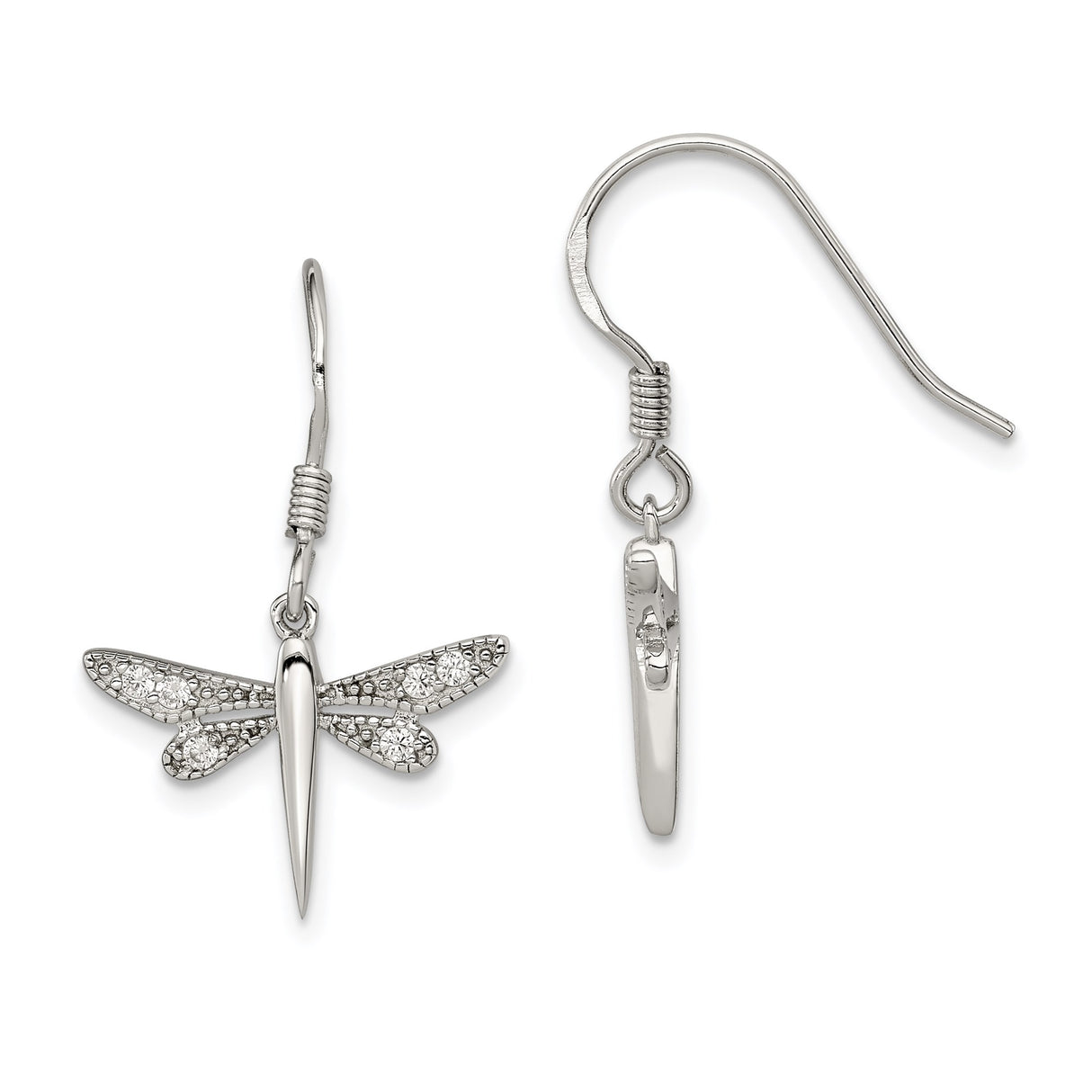 Sterling Silver Dragonfly Dangle Earrings with Cubic Zirconia and Textured Wings