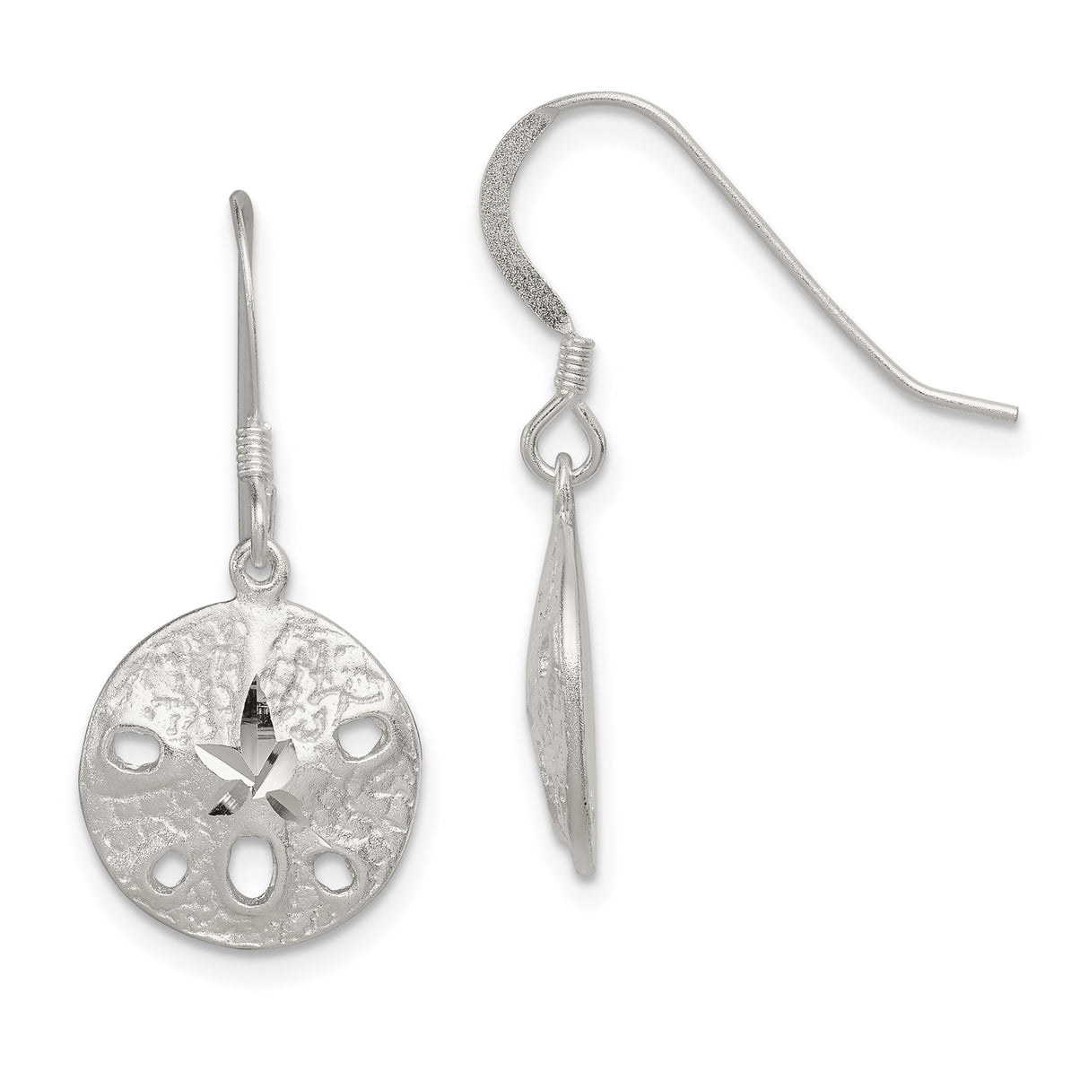 Sterling Silver Dangle Earrings with Textured Cutout Sand Dollar Design, Nautical Beach Style